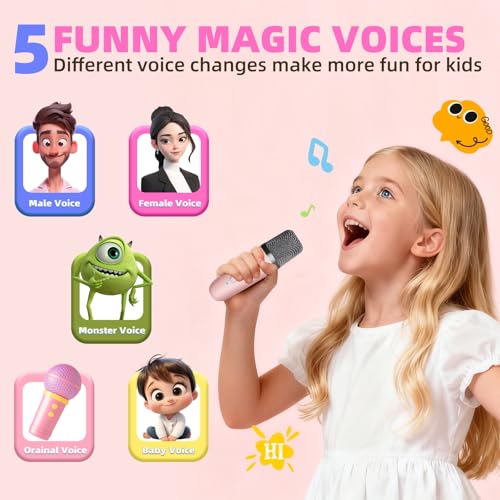 Kids Karaoke Machine Toy Ages 3-12, Wireless Mic BT Speaker, Pink - 1 Mic | Voice Changer, LED Party Lights, Duets, BT 5.3, Mini Rechargeable Portable, Christmas Birthday Gifts for Toddler Boys & Girls - color: Pink - 1
