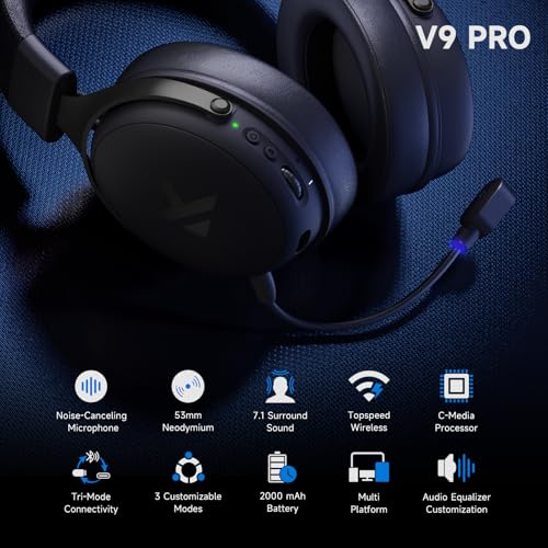 MCHOSE V9 PRO Wireless Gaming Headset 7.1 Surround Sound for PS5 PS4 PC SWITCH TOPSPEED Gaming Headphones with Noise Canceling Mic, 250Hr Battery, Low 15ms Latency, Lightweight, BT 5.3 FPS Games Black - color: V9PRO-Black