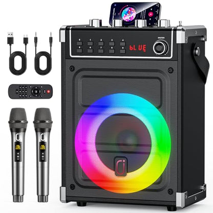 JYX Karaoke Machine with 2 Wireless Microphones, Portable Bass/Treble Bluetooth Speaker with LED Light, Support TWS, AUX in, FM, REC PA System with Remote Control, Supply for Party/Adults/Kids - color: Black
