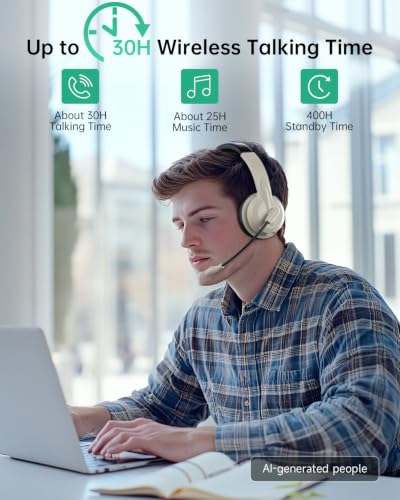 AOC Wireless Headset with Mic for Work, AI Noise Cancelling, Bluetooth | AI Noise Cancelling Mic, Bluetooth 5.3, USB-A/C Dongle Included, Mic Mute, Compatible with PC, Laptop & iPhone - color: Apricot Black