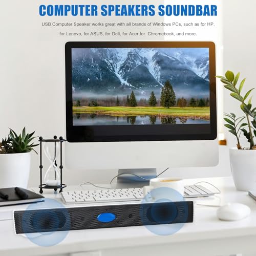 USB Computer/Laptop Speaker with Stereo Sound & Bass, Portable Mini Sound Bar for Windows PCs, Desktop Computer and Laptops