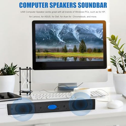 USB Computer/Laptop Speaker with Stereo Sound & Bass, Portable Mini Sound Bar for Windows PCs, Desktop Computer and Laptops