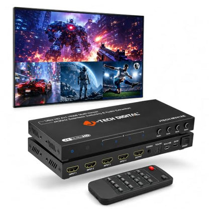 J-Tech Digital 4K HDMI Multiviewer Switch 4 in 1 Out, 4x1 4K 30Hz HDMI Quad Multiviewer Seamless Switcher with PiP, 6 Viewing Modes, Audio Extraction via Optical 3.5mm (JTECH-MV41AE)