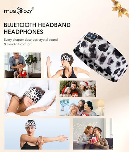 MUSICOZY Bluetooth 5.4 Sleep Headphones Headband Sports Wireless Audio | Earbuds 2 in 1 Design with Breathable Stretch Fabric, HD Stereo Sound Speakers for Workout Yoga Running, Nighttime Sleep Use - color: Beige Leopard