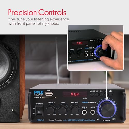 Pyle 200W Bluetooth Compact Power Amplifier - Wireless 2 Channel Audio Receiver with Dual Karaoke Mic Input - RCA - USB-A + SD Card MP3 Player - FM Radio - AUX In - Remote Control - PDA29BU