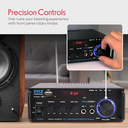 Pyle 200W Bluetooth Compact Power Amplifier - Wireless 2 Channel Audio Receiver with Dual Karaoke Mic Input - RCA - USB-A + SD Card MP3 Player - FM Radio - AUX In - Remote Control - PDA29BU