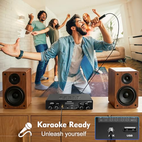 Studiofinix Bluetooth 5.4 Home Stereo Audio Amplifier Receiver, 4-Zone 8-Channel 60W x 8 Output,Optical/USB/Mic/Karaoke, Independent Zone Control, Multi-Room Audio for Home Theater and Studio