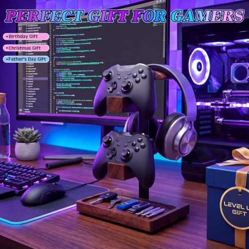 Headphone Stand with Controller Holder, Deep Walnut - color: Deep Walnut