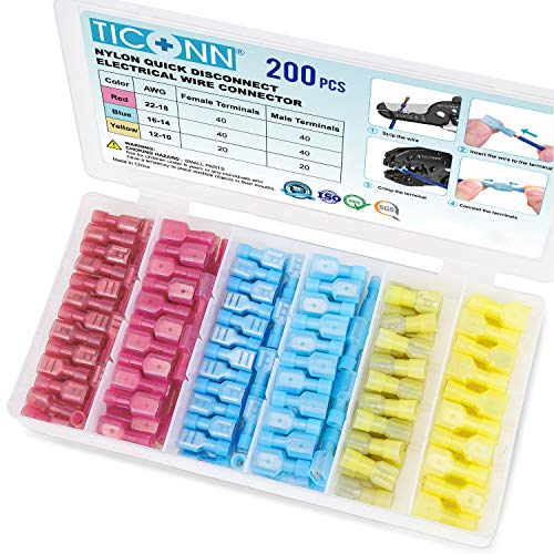 TICONN 200 Pcs Nylon Spade Quick Disconnect Connectors Kit, Electrical Insulated Terminals, Male and Female Spade Wire Crimp Terminal Assortment Kit - style: Combo 200Pcs