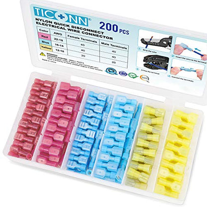 TICONN 200 Pcs Nylon Spade Quick Disconnect Connectors Kit, Electrical Insulated Terminals, Male and Female Spade Wire Crimp Terminal Assortment Kit - style: Combo 200Pcs