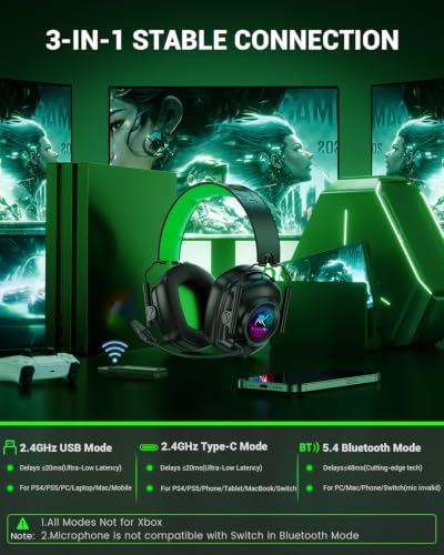 Krysenix Wireless Gaming Headset with Mic for PC, PS5, PS4, Switch, Mac | 2.4 GHz+BT 5.4 Gaming Headphones,Noise-Cancelling Mic，Cool RGB Lighting,1200 mAh Battery,Foldable,50mm Drivers-Deep Green - color: Deep Green