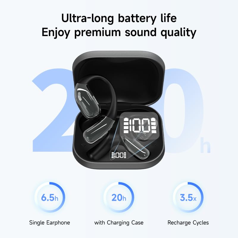 A51 Open Ear Headphones, True Wireless Earbuds with Mic & Earhooks | Deep Bass Sound, 20H Playtime & Digital Display, AI Clear Calls, Secure Comfortable Fit - Running, Sport, Meeting (DarkGrey) - color: DarkGrey