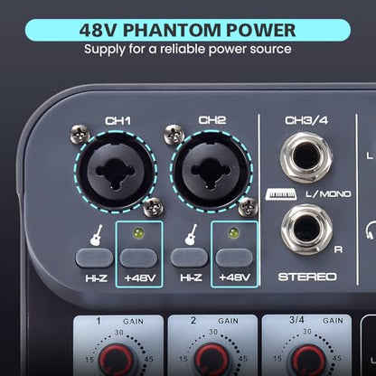 4 Channel DJ Audio Mixer, DJ Mixers Sound Board, Sound Mixer Board XLR 1/4" Interface, BT USB MP3 Computer Input 48V Phantom Power Stereo Karaoke DJ Studio Streaming KTV Stage