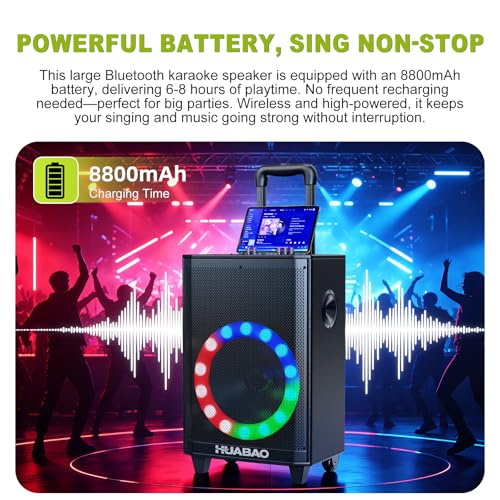 Large Bluetooth Karaoke Speaker with 2 Wireless Microphones, 11 Speaker System with 8800mAh Battery, Trolley PA System with Lights, Remote, FM/AUX/USB/TF, Bass & Treble Adjust, Ideal for Outdoor Party - size: A115