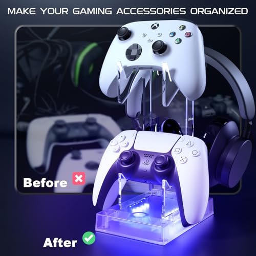 Joso Controller Holder with RGB Light, 2 Tier Acrylic Gaming Controller Stand for PS5/PS4/PS Portal/Xbox/Switch, Gaming Headset Gamepad Stand Accessories for Desktop Gamer, Universal Design