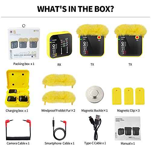 LENSGO 348C 2.4Ghz Wireless Lavalier Microphone 32GB TF Card Slot Compact Lav Mic 2 Transmitter and 1 Receiver Wireless Lapel Microphone for iPhone Smartphone Camera Vlog YouTube Interview Streaming Y - color: Yellow-2s