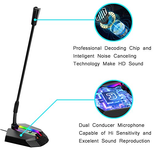 Granvela Long-Neck USB Microphone for PC,Desktop Omnidirectional Condenser Microphone with Mute Button/RGB LED Indicator for Gaming, Office and Home Use.