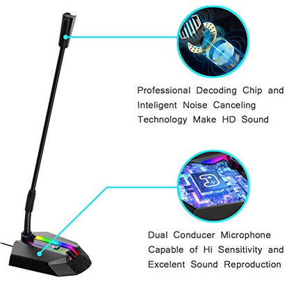 Granvela Long-Neck USB Microphone for PC,Desktop Omnidirectional Condenser Microphone with Mute Button/RGB LED Indicator for Gaming, Office and Home Use.