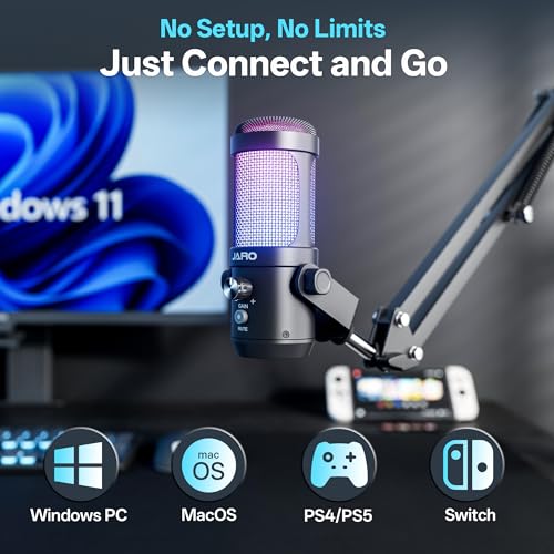JARO USB Podcast Microphone with Boom Arm, Studio Condenser Mic with Real-Time Monitoring, Mute, Volume Control Ideal for Voice & Singing (Black) - color: Black