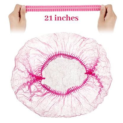 100 Pcs Disposable Nonwoven Bouffant Caps 21 Inch Hair Net Elastic Cap Hair Cover Hats for Beauty Salon Hospital Spa Catering Dust-free Workspace(Pink) - color: Pink
