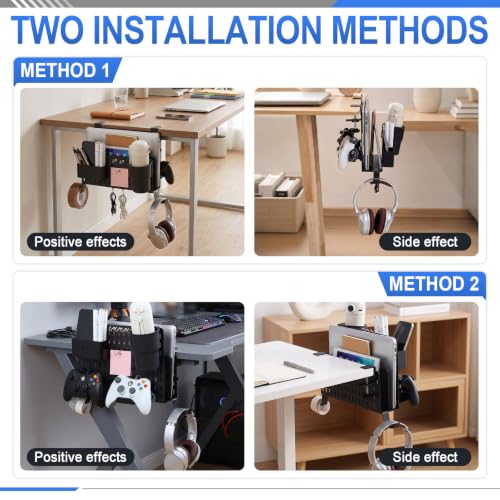 Desk Side Storage Organizer Set Fits Edge 0.2-2.2",Double,Black | No Drill Clamp on Desk Organizer with Laptop Holder Cup Holder Pen Cup Headphone Hanger and Magnetic Hooks - color: Black, style: Double