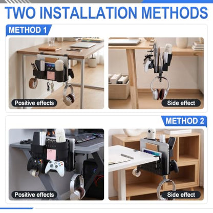 Desk Side Storage Organizer Set Fits Edge 0.2-2.2",Double,Black | No Drill Clamp on Desk Organizer with Laptop Holder Cup Holder Pen Cup Headphone Hanger and Magnetic Hooks - color: Black, style: Double