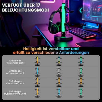 VCOM Headphone Stand with 17 Light Modes, Gaming Controller Holder with Remote Control, PC Gaming Accessories for Desk, Universal Organizer Headpsets/Xbox/PS5 Headset Stand Gamer Gifts