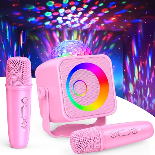 Mini Karaoke Microphone with Disco Light: Gifts for 3 4 5 6 7 8 9 10 11 12 Year Old Kids Girls Karaoke Machine 2 Microphones Toys for 3-15 Year Old Girl Birthday Gift Karaoke Machine for Family Party - color: Pink