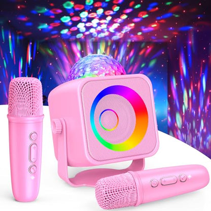 Mini Karaoke Microphone with Disco Light: Gifts for 3 4 5 6 7 8 9 10 11 12 Year Old Kids Girls Karaoke Machine 2 Microphones Toys for 3-15 Year Old Girl Birthday Gift Karaoke Machine for Family Party - color: Pink