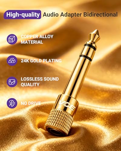 VCE 3.5mm to 1/4 Adapter Stereo Headphone Adapter, 24K Gold-Plated, 2-Pack | Seamless Audio Connection, Premium Sound Fidelity, Secure TRS Connection for Aux Cable, Guitar Amplifier, Headphone - color: Black