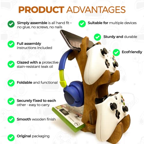 Wooden Controller Stand - Dual Game Controller Holder | Headphone Hanger, Phone Stand, Universal Gaming Accessories, Portable Headset Storage Organizer