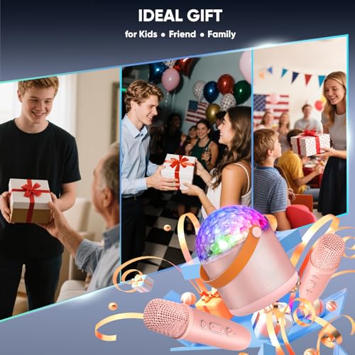 Mini Karaoke Machine for Teens Kids, Birthday Party Gifts Toys for Girl Ages 4 5 6 7 8 9 10 11 12+ Years Old, Portable Bluetooth Speaker with 2 Wireless Microphones and Disco Lights - color: Pink