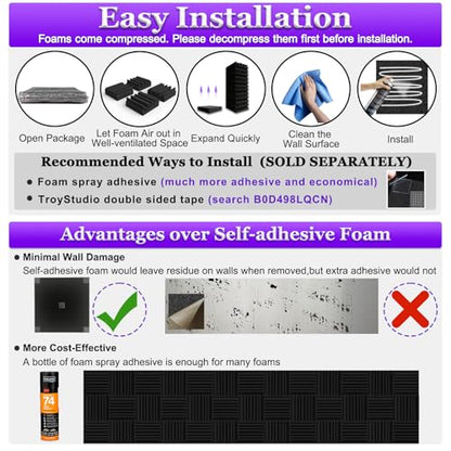 TroyStudio Thick Acoustic Foam Panels, 12 X 12 X 3 Inch 12 Pcs Broadband Sound Absorbing Foam, Dense Soundproof Padding Tile, Recording Studio Foam Absorber, Groove Decorative 3D Wall Ceiling Panel - size: 12 pcs