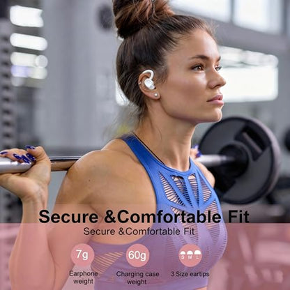 sprtoybat Wireless Earbuds, 2026 New Bluetooth 5.4 Headphones Sport Earphones with 68Hrs Playtime LED Display ENC Noise Cancelling Mic, IPX7 Waterproof Over Ear Ear Buds with Hook for Sports/Running - color: Elegant White