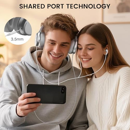 USB C Wired Over-Ear Headphones with Microphone | Volume Control, Share Port, Adjustable Headband Foldable Stereo Headset for Adult/Teens for iPhone 16, Laptop, Gaming, Travel - color: New Silver