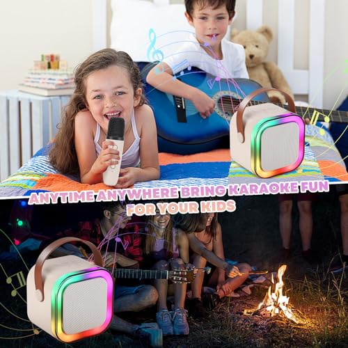 Mini Karaoke Machine, Portable Bluetooth Karaoke Speaker with 2 Wireless Microphones and Light for Family Home Party,Toys for Girls Boys Friends Age 3-12+ Kids and Adults Birthday Gifts. (Beige) - color: white