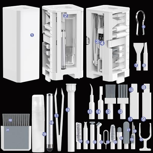 Electronics Cleaning Kit 32 in 1 Multi-Functional Keyboard Cleaning Kit | Phone Cleaning Tool Kit for Cleaning Computer, Keyboard, Earbuds, Laptop, Camera, Lens, Monitor - color: White