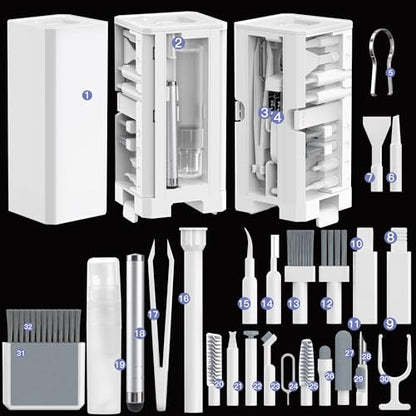 Electronics Cleaning Kit 32 in 1 Multi-Functional Keyboard Cleaning Kit | Phone Cleaning Tool Kit for Cleaning Computer, Keyboard, Earbuds, Laptop, Camera, Lens, Monitor - color: White