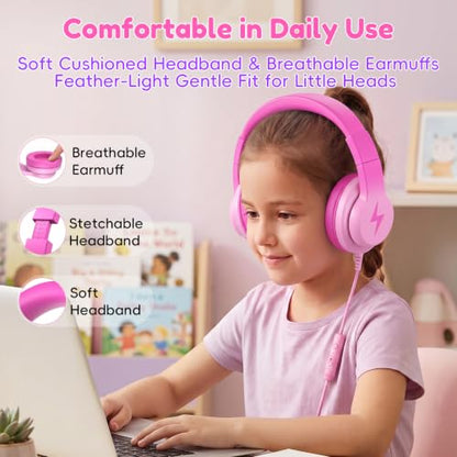 Candy Bila Wired Kids Headphones for School, Over-Ear for Boys Girls | Volume Limiter 85/94dB, HD Stereo Sound, Microphone and Wired Control, Foldable Design, Gradient Deep Pink - color: Gradient Deep Pink