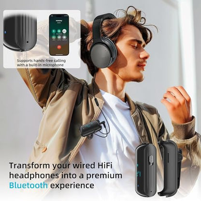 Bluetooth 5.2 Transmitter Receiver for 2 AirPods/Headphones | Flight Bluetooth Adapter for Airplane, TV, Gym with a 3.5mm Audio Jack, Wireless BT Receiver with Mic for Car/Home Stereo - color: Black