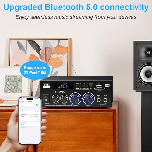 Romica Stereo Audio Amplifier, 2 Channel 450W Bluetooth 5.0 Home Audio Stereo Receiver with FM Radio, USB, SD, Optical & Coaxial Inputs, Amplifier for Passive Speakers and Active subwoofer