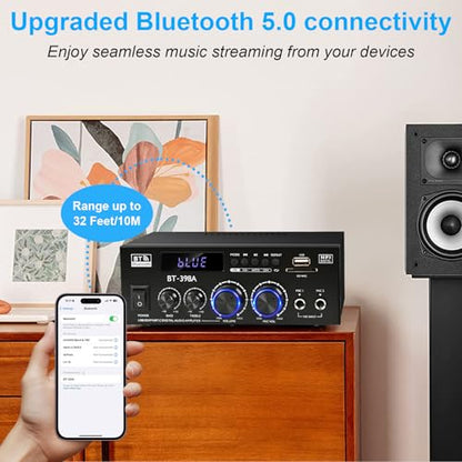 Romica Stereo Audio Amplifier, 2 Channel 450W Bluetooth 5.0 Home Audio Stereo Receiver with FM Radio, USB, SD, Optical & Coaxial Inputs, Amplifier for Passive Speakers and Active subwoofer