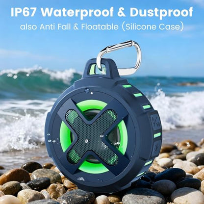 XLEADER X8, Upgraded, Portable Bluetooth Speaker, Certified IP67 Waterproof Shower Speaker, Silicone Case, 10W Bass, 24Hrs Playtime, Small, Floating, RGB Lights, Clip, for Pool Beach Kayak, Sea Blue - color: E-Blue