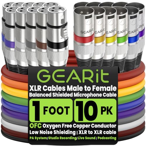 GEARit 22AWG OFC XLR Cables 1FT 10-Pack Male to Female for Audio Engineers - size: 1 Foot