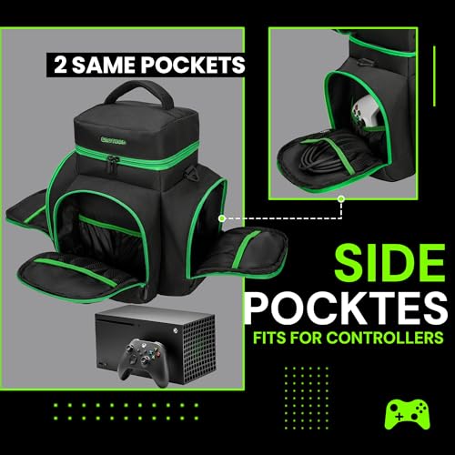 CROTIRAD Carrying Case for Xbox Series X with Multiple Storage Pockets | Water-Resistant Padded Travel Bag with 6 Pouches for Controllers, Headset, Game Discs, Cables, SSDs & Accessories, Green Zip