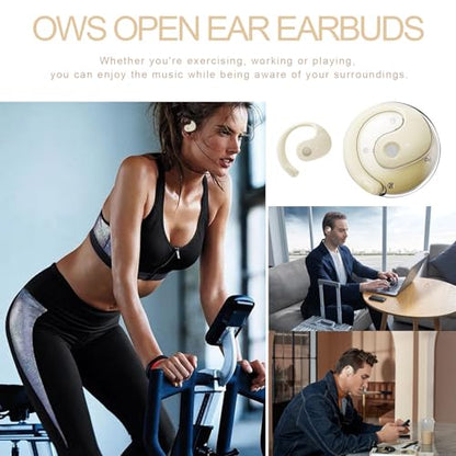 Open Ear Headphones Wireless Bluetooth 5.4, Air Conduction Wireless Bluetooth Earphone, OWS Hanging Earphones with Earhooks and Mic, Open Ear Earbuds IPX5 Waterproof for Sports Gaming Driving(Khaki) - color: Khaki