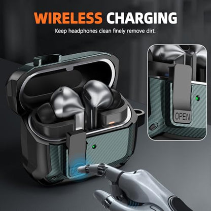 Safety Lock Case for Samsung Galaxy Buds3 FE/Pro/3 (Green) | Carbon fibre texture Design,with Cleaning Kit & Keychain,Mecha Protective Case - color: A-green