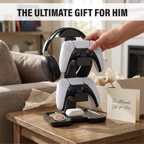 Gaming Equipment Headset Stand with Dual Controller Organizer Rack & Storage Base, Headphone Stand Gamer Gifts for Men Teenage Boy, Unique Gifts for Gamers to Organize Gaming Accessories (Black Wood)