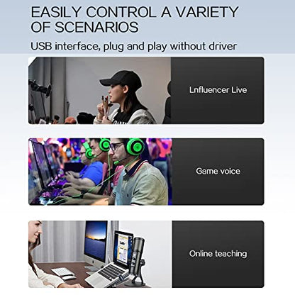 Andoer USB Condenser Microphone Cardioid Mic with RGB Lights One-Button Mute Headphone Real-time Monitoring with Desktop Mic Stand for Smartphone Laptop PC Live Streaming Video Conference Online