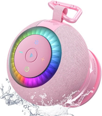Bluetooth Shower Speaker IPX7 Waterproof: Removable Suction Cup, Pink | 360° Surround Sound, Vacuum-Lock, RGB Light, Portable Wireless Speaker for Beach, Pool, Kayak, Gifts for Adults Teens - color: Pink